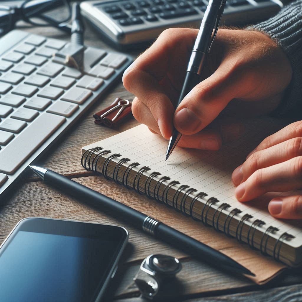 about-us-01 A Close Up Of A Desk Featuring A Hand Writing With A Pen In A Notebook Surrounded By A Computer Keyboard And A Smartphone