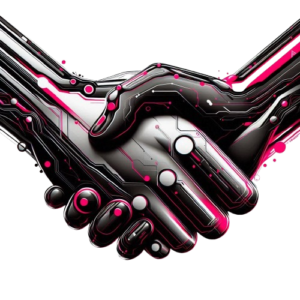 Logo Num'ERA Une Poignee De Main Dans Un Style Futuriste Avec Du Noir Et Du Rose Sur Un Fond Blanc Removebg Preview 300x300